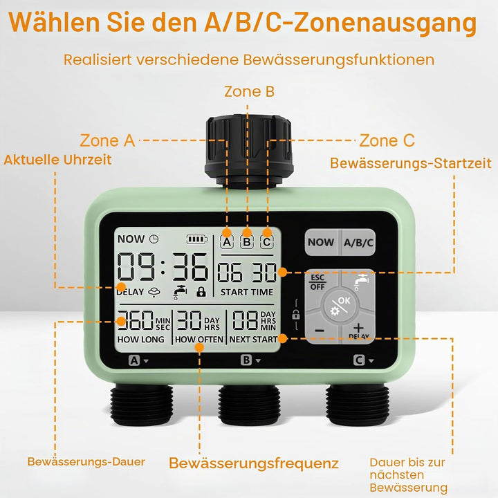 Automatischer Bewässerungstimer, Gartenbewässerungstimer mit LCD Display, 3 Strecken Wasserhahn Time