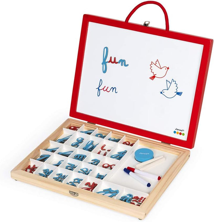 Janod - Essentiel - 4-in-1 Schreibkoffer aus Holz - Lernspiel - Buchstaben und Lesen lernen- 110 Zub