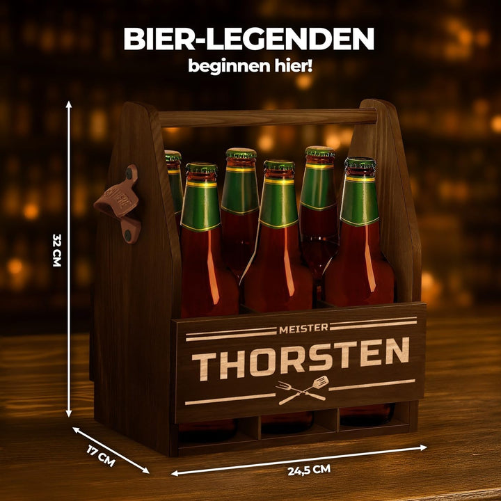Maverton Bierträger für 6 Flaschen 0,5L + Gravur - Männerhandtasche mit Flaschenöffner - Grösse: 25x