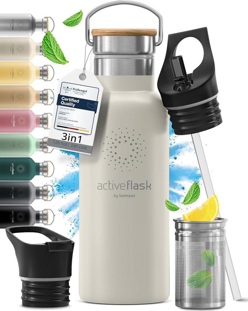 Trinkflasche Edelstahl mit Strohhalm, Infuser + 3 Deckel: BPA-frei, Auslaufsicher, Kohlensäure geeig
