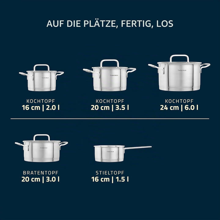HENCKELS by ZWILLING Pulse Kochtopfset 5-tlg,Glasdeckel, 18/10 Edelstahl, für alle Herdarten inkl. I