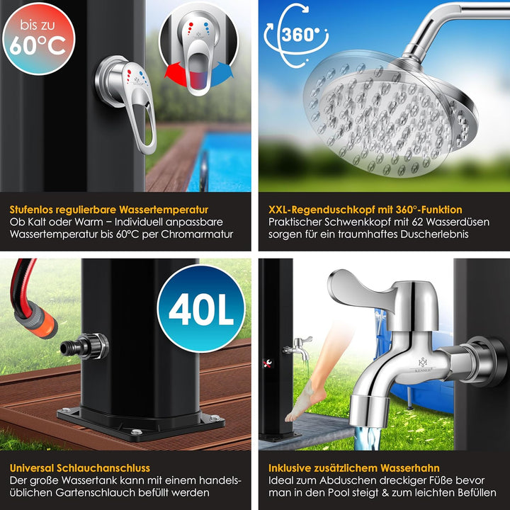 KESSER® Solardusche 40 Liter Solar Gartendusche | warmes Wasser | max. 60°C | Inkl. Schutzhaube | oh