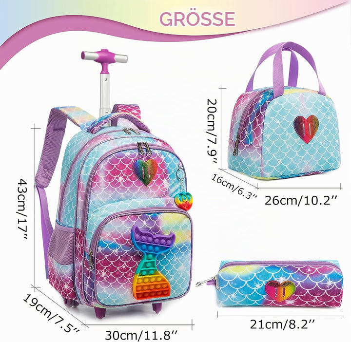 HTgroce Rollrucksack Schulranzen mit Rollen für Mädchen Pop it Rucksack 16 Zoll Set 3 in 1 mit Lunch