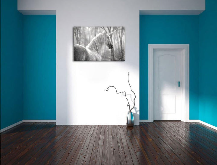 Pixxprint Einhorn im Wald / 100x70cm Leinwandbild bespannt auf Holzrahmen/Wandbild Kunstdruck Dekora