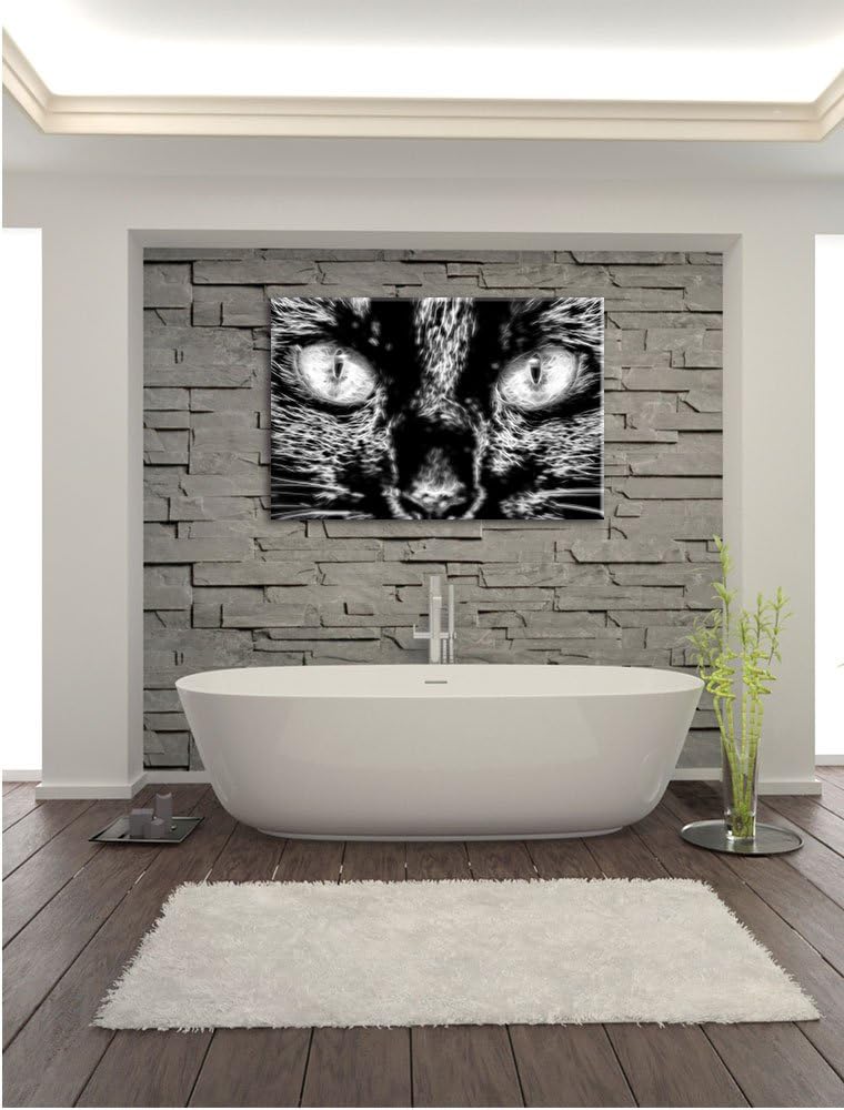 Pixxprint Katze mit orangenen Augen, 100x70cm Leinwandbild bespannt auf Holzrahmen/Wandbild Kunstdru