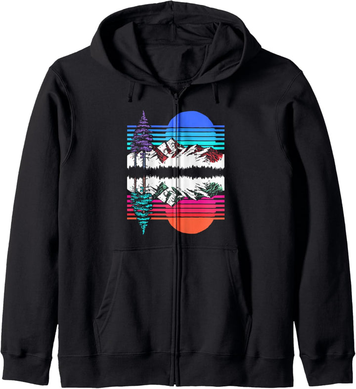 Mountain & Trees Reflection Vintage 80's Vapor Wave Outdoor Kapuzenjacke