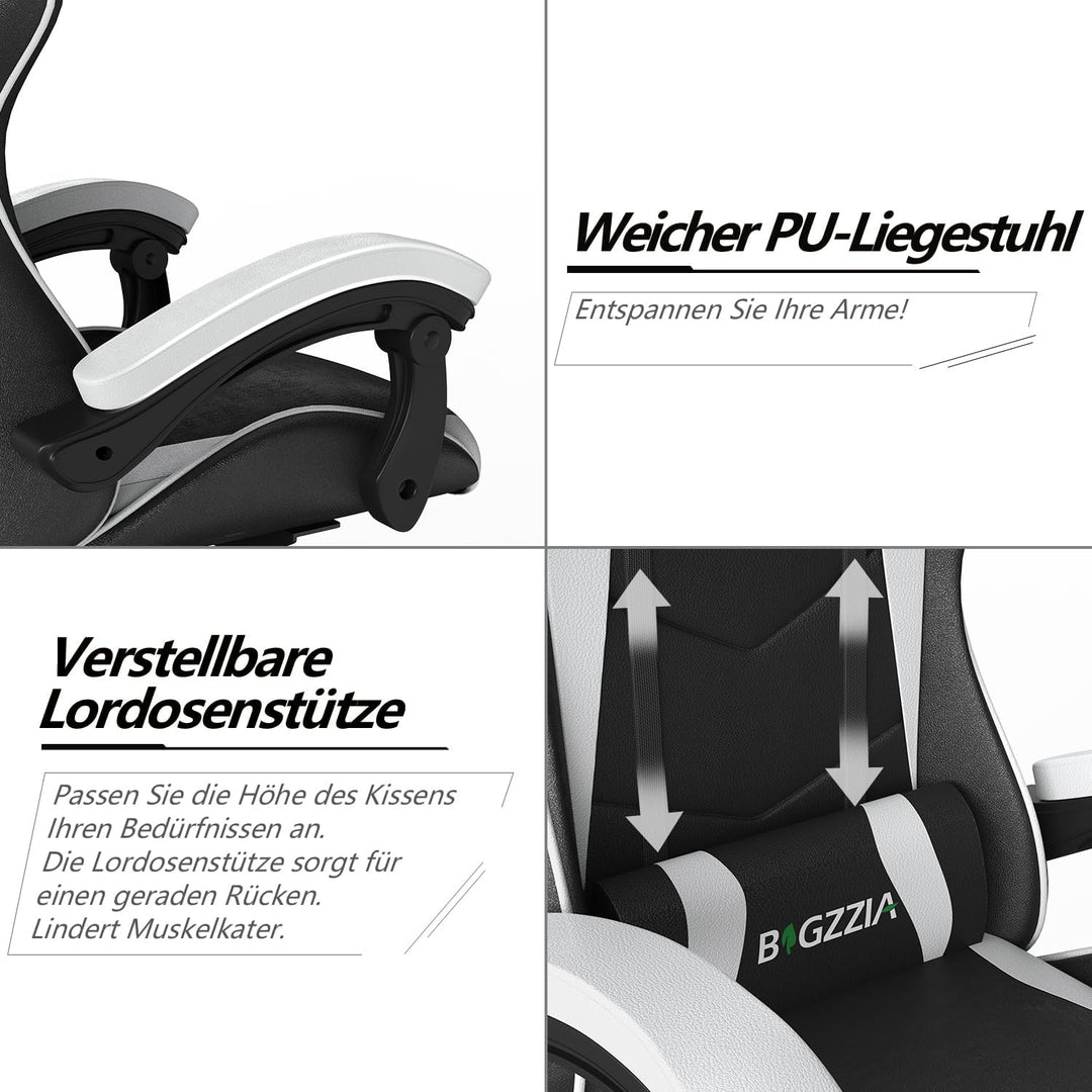 Racingreat Ergonomischer Gaming-Stuhl, Zockersessel mit Kopfstütze und Lendenwirbelstütze, Höhen- un