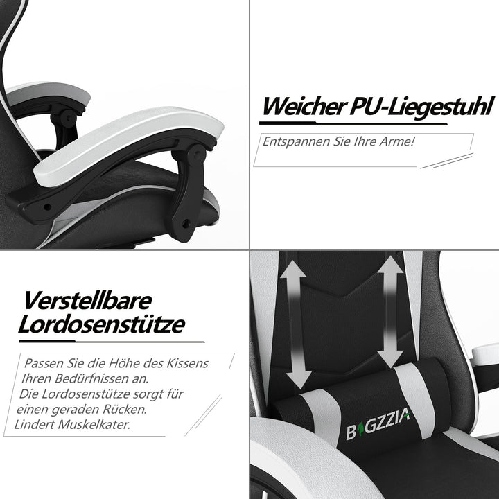 Racingreat Ergonomischer Gaming-Stuhl, Zockersessel mit Kopfstütze und Lendenwirbelstütze, Höhen- un