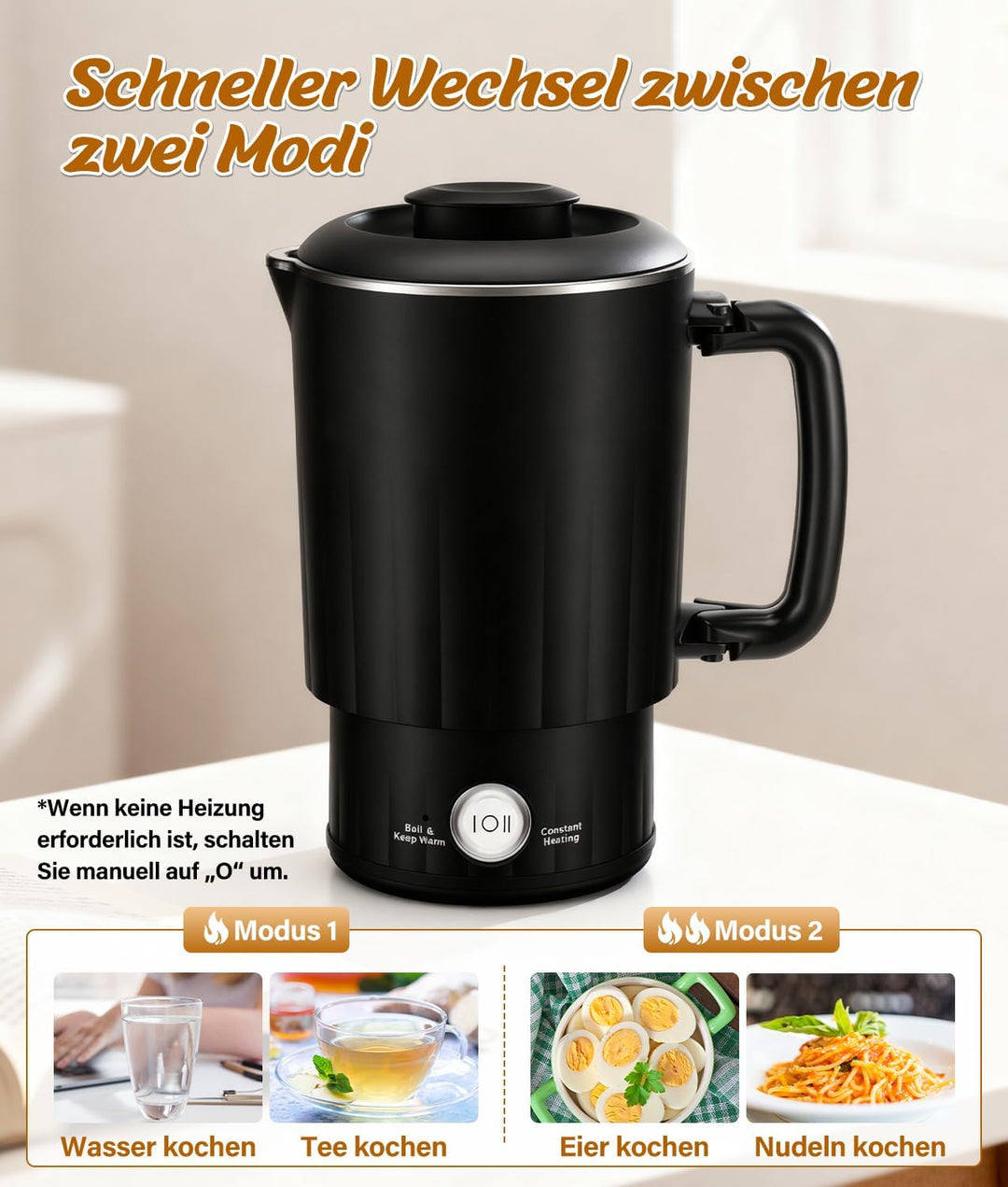 PAHTTO Faltbarer Reisewasserkocher aus Edelstahl, 800ml Tragbarer Wasserkocher elektrisch mit Kerami