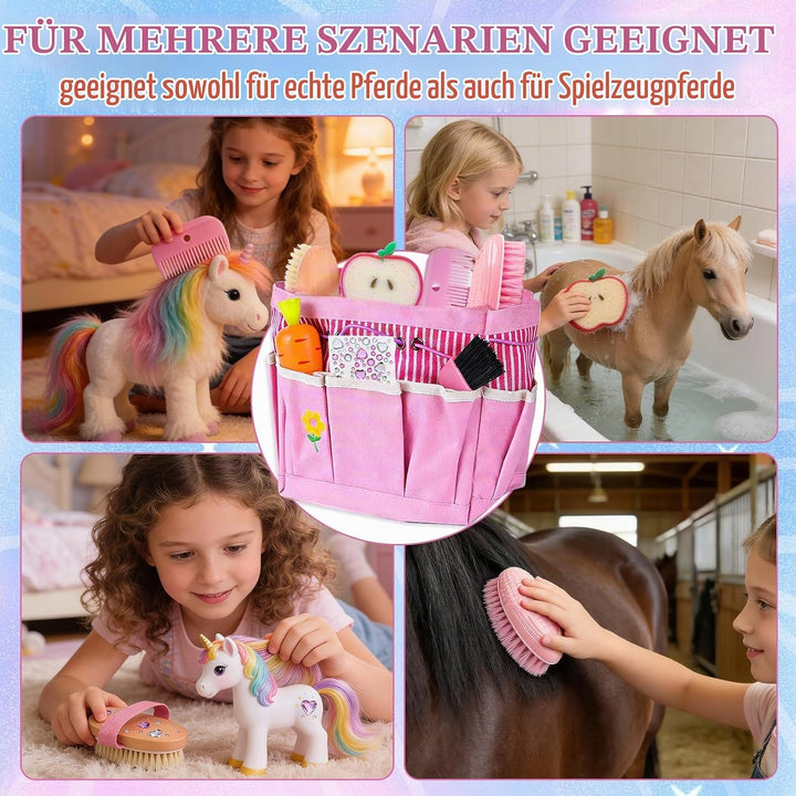 11 Stück Pferde Putzbox Spielzeug, Putzkasten Pferd Kinder mit Tasche, Bürsten, Kamm und Hufkratzer,