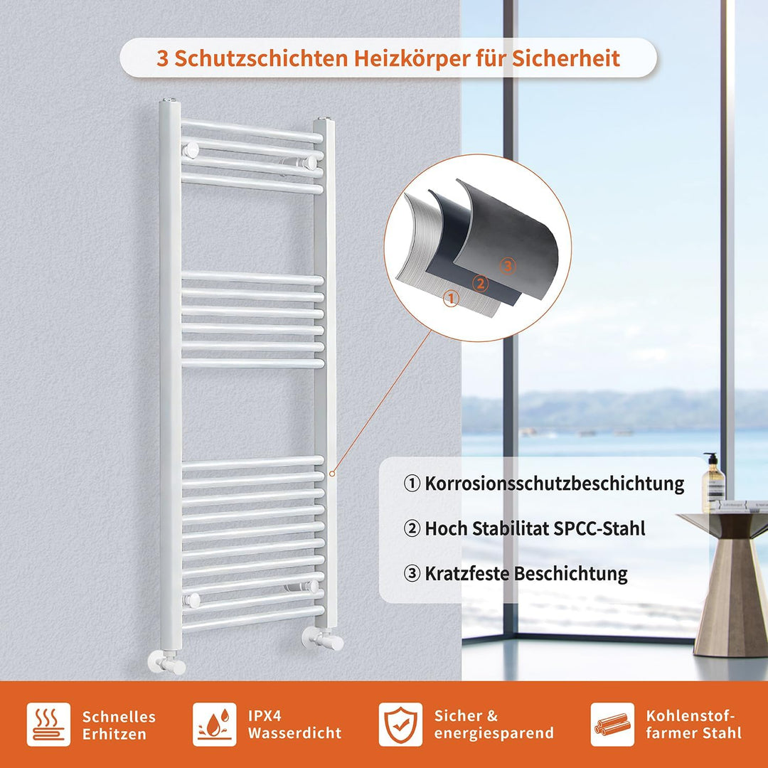 Badheizkörper Seitenanschluss 1200x500mm, 500W Handtuchheizkörper & Handtuchtrockner, Einfach Instal