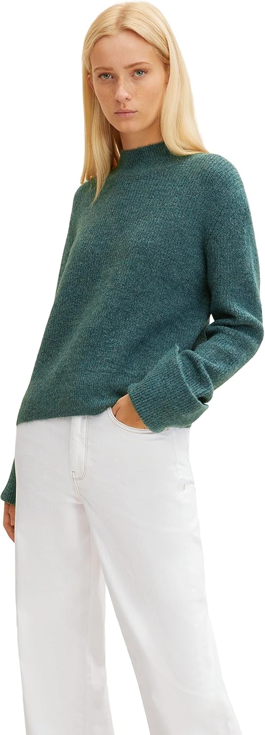 TOM TAILOR Denim Damen Pullover mit umgeschlagenem Ärmel M 30358 - Green Dust Melange, M 30358 - Gre