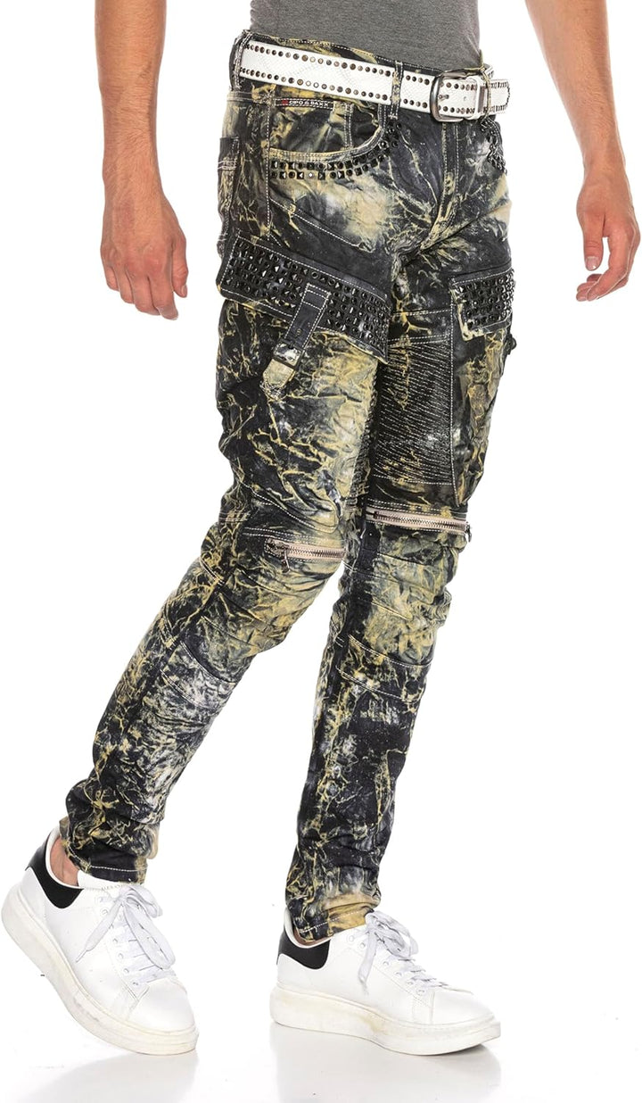 Cipo & Baxx Herren Biker Jeans Ripped-Destroyed-Frayed-Slim Fit Jeans Hose mit Nieten und Muster Kha