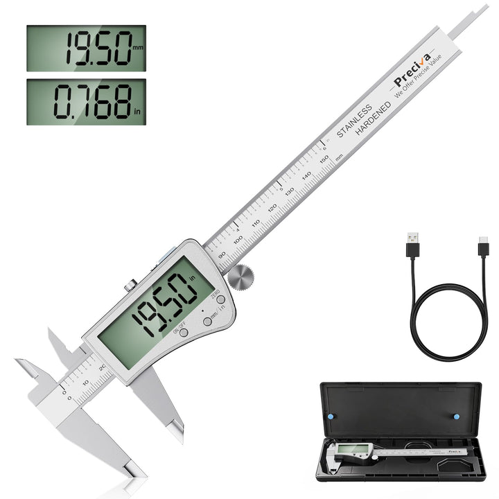 Preciva 150mm Digitaler Messschieber, Digitale Schieblehre Edelstahl Wiederaufladbar IP54 - Wasserdi