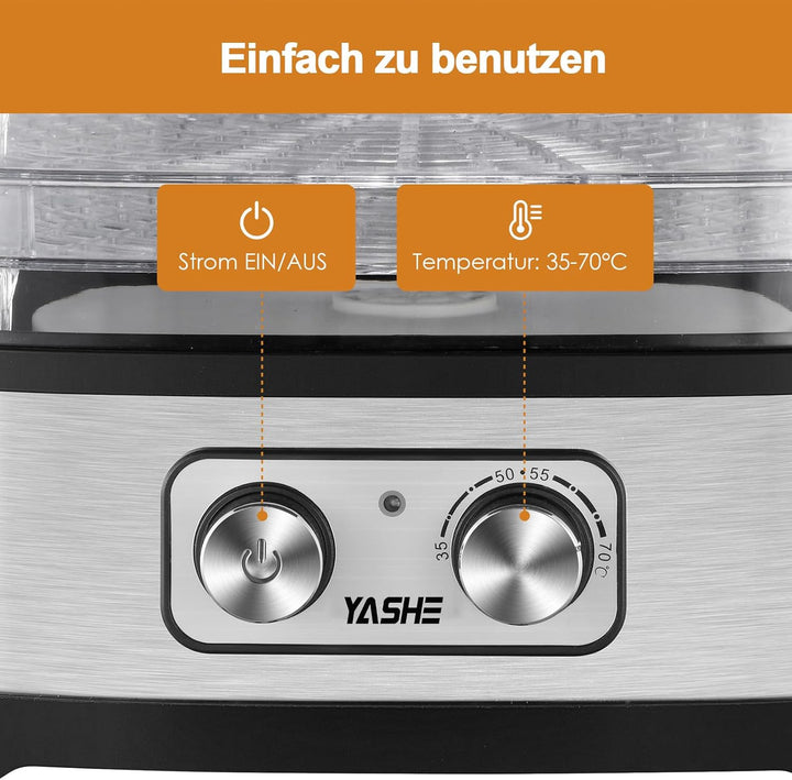 YASHE Dörrautomat, 5 Höhenverstellbare Tabletts, Temperaturregelung 35–70°C, 240W, BPA-Frei, Leiser