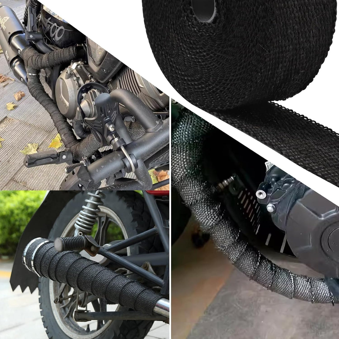 Schwarzes Auspuff-Wärmeschutzband für Motorräder Faserglas-Wärmeschutzband mit 5 Edelstahl-Bindern (