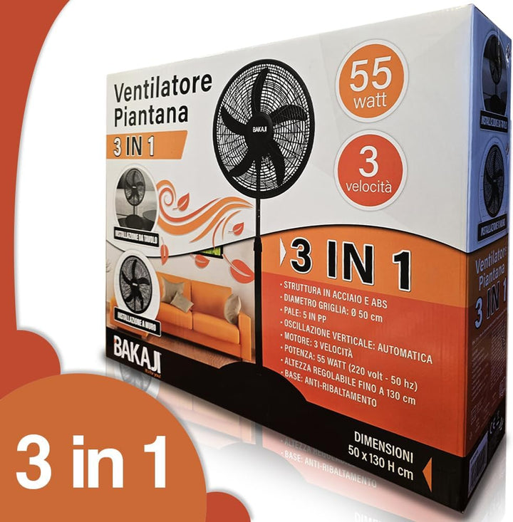 BAKAJI Ventilator 3-in-1, Tischventilator aus Stahl und Kunststoff, 3 einstellbare Geschwindigkeiten