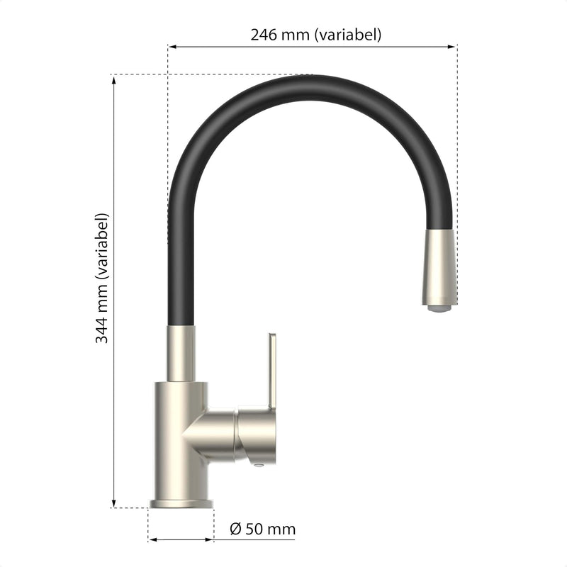 EISL Flexo Edelstahl/Schwarz Flexible Spültischarmatur, biegsamer Wasserhahn für die Küche, hoher Au