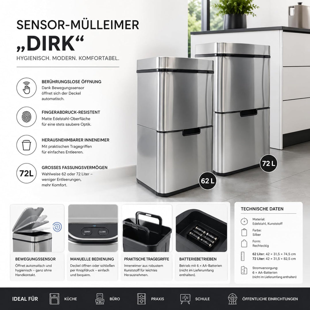 casa pura Mülleimer 4 Fächer, elektrischer Abfalleimer mit Sensor, Mülltrennsystem, Küchenabfalleime
