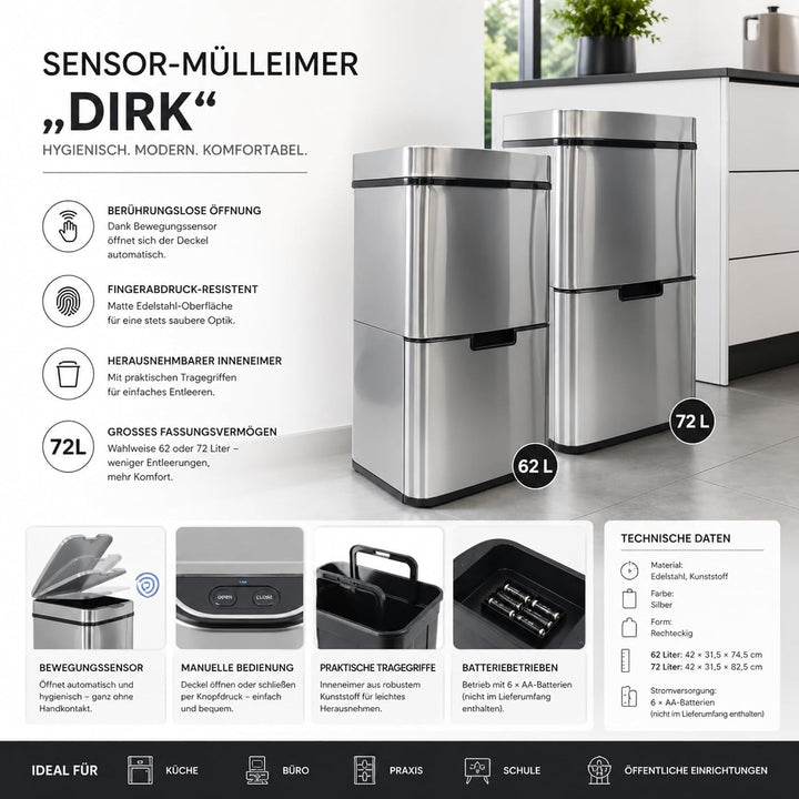 casa pura Mülleimer 4 Fächer, elektrischer Abfalleimer mit Sensor, Mülltrennsystem, Küchenabfalleime