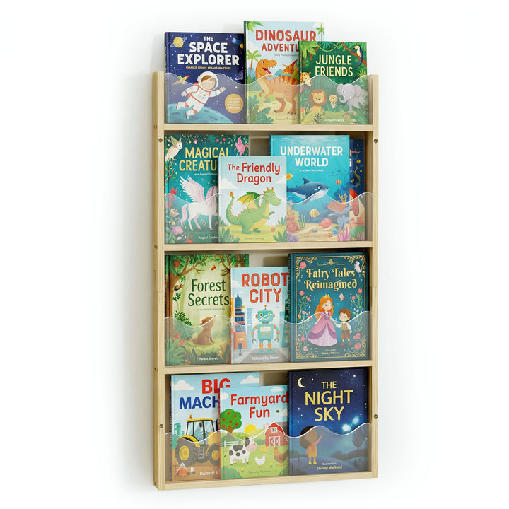 Kinder Bücherregal Wandmontage 4 Ebenen Holz & Acryl-Schwebendes Bücherregal Babyzimmer,Montessori R