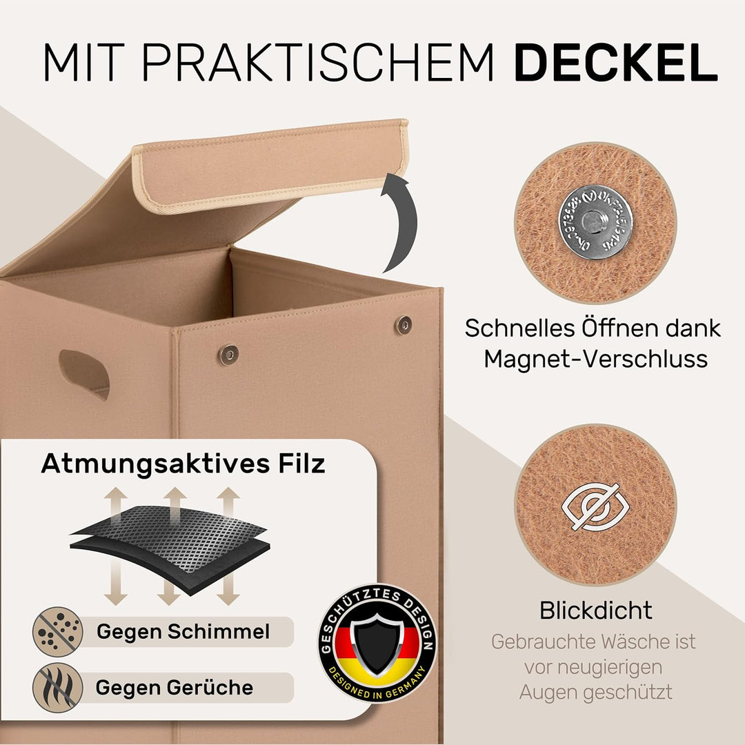 MAHEWA® Wäschekorb mit Deckel aus Filz - Grosser 80 Liter Filz Wäschesammler - Raumspar Wäschesortie