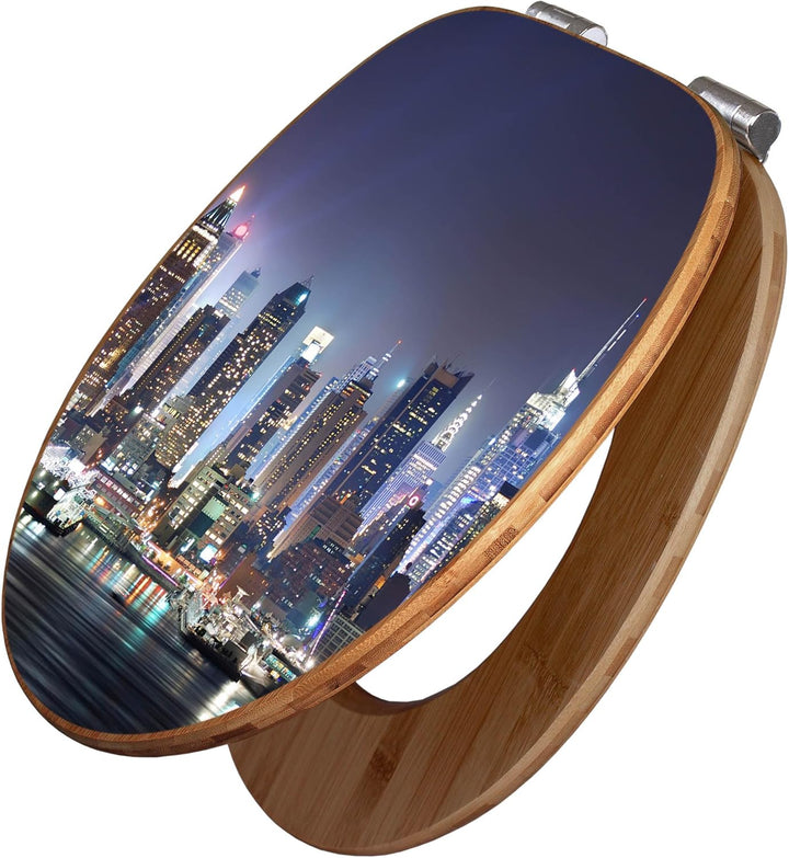 banjado® Design WC Sitz Bambus Absenkautomatik mit Motiv New York/Toilettendeckel mit Absenkautomati