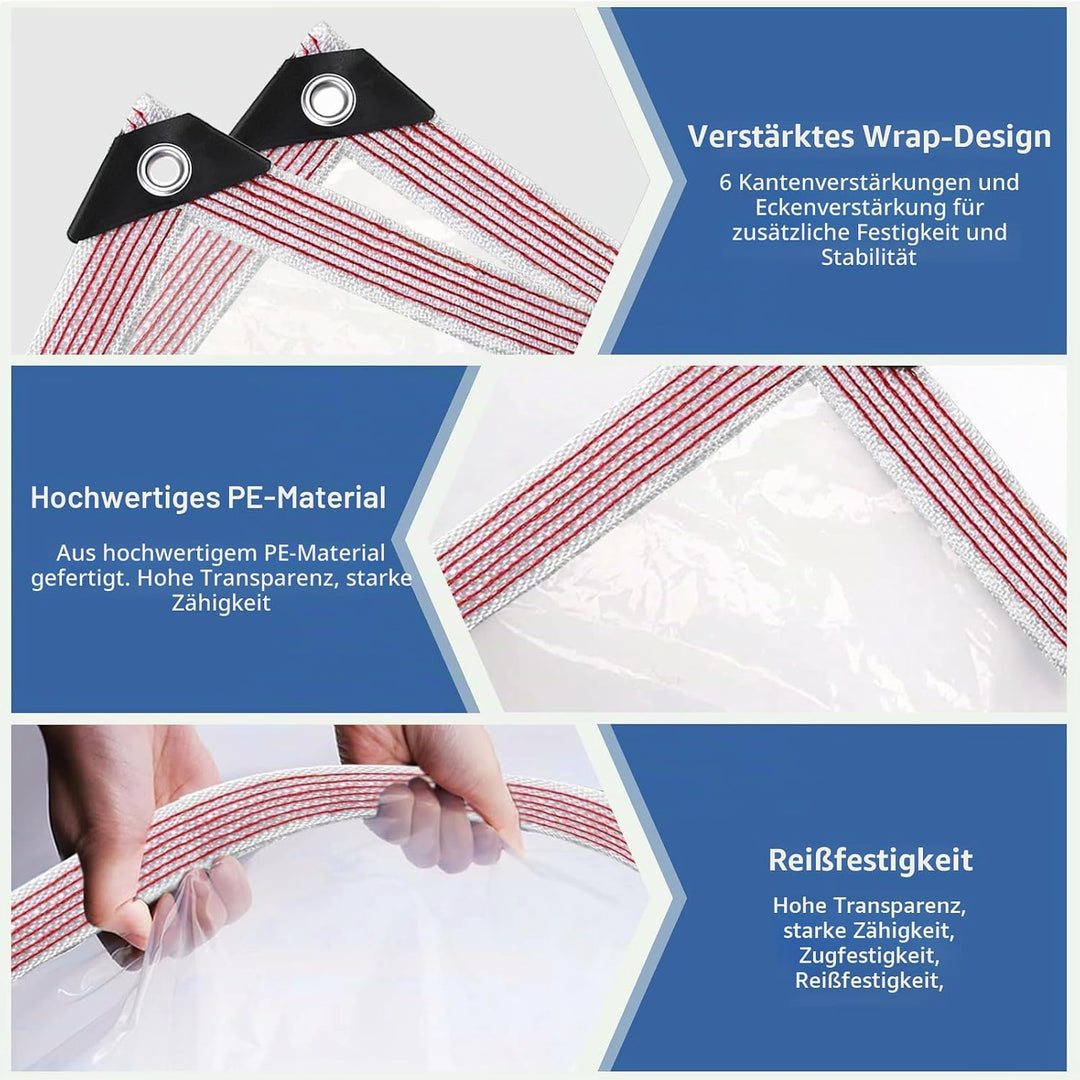 Transparente Plane mit Ösen, Wetterfeste Strapazierfähige Abdeckplane, 0.4 mm 450 g/m² PVC-Material