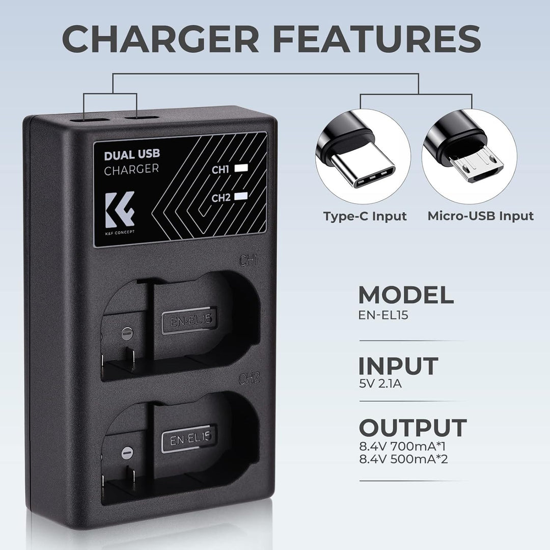 K&F CONCEPT EN-EL15/EN-EL15a/EN-EL15b Dual Slot Kameraakku Ladegerät, Micro USB und Typ-C Port Schne