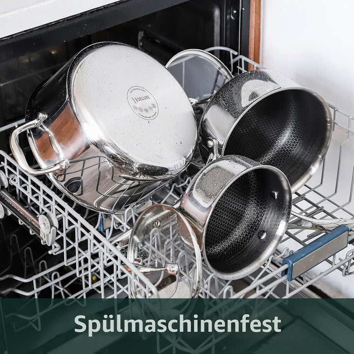 DELUXE Hybrid-Antihaft-Topf-Set, 6-teilig,Töpfe mit Deckel aus gehärtetem Glas, kühlbleibende Griffe