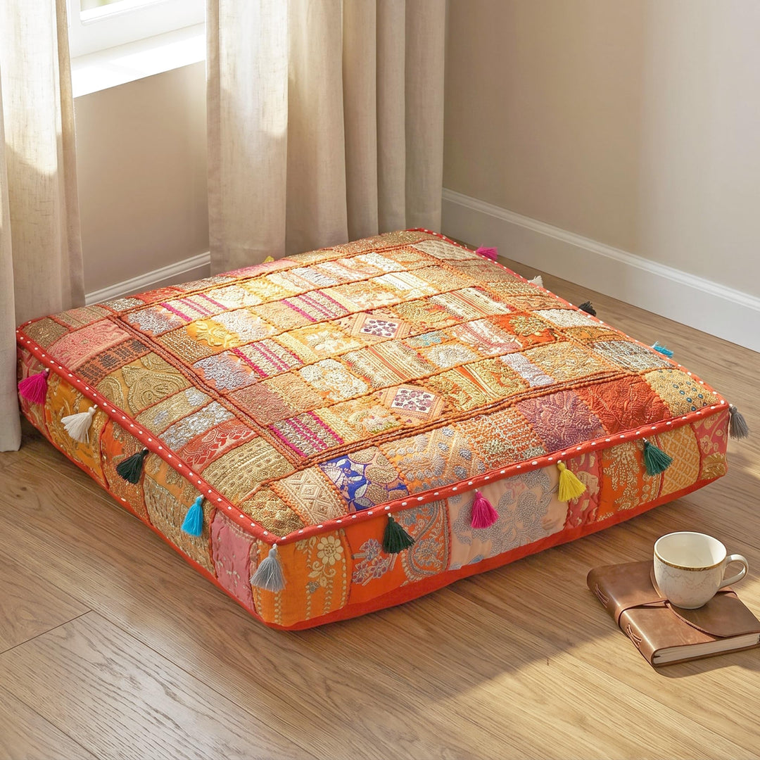 THE ART BOX 88 x 88 x 12 cm, Vintage-Patchwork, grosses Outdoor-Kissen, grosses Hundebett, Gartendek