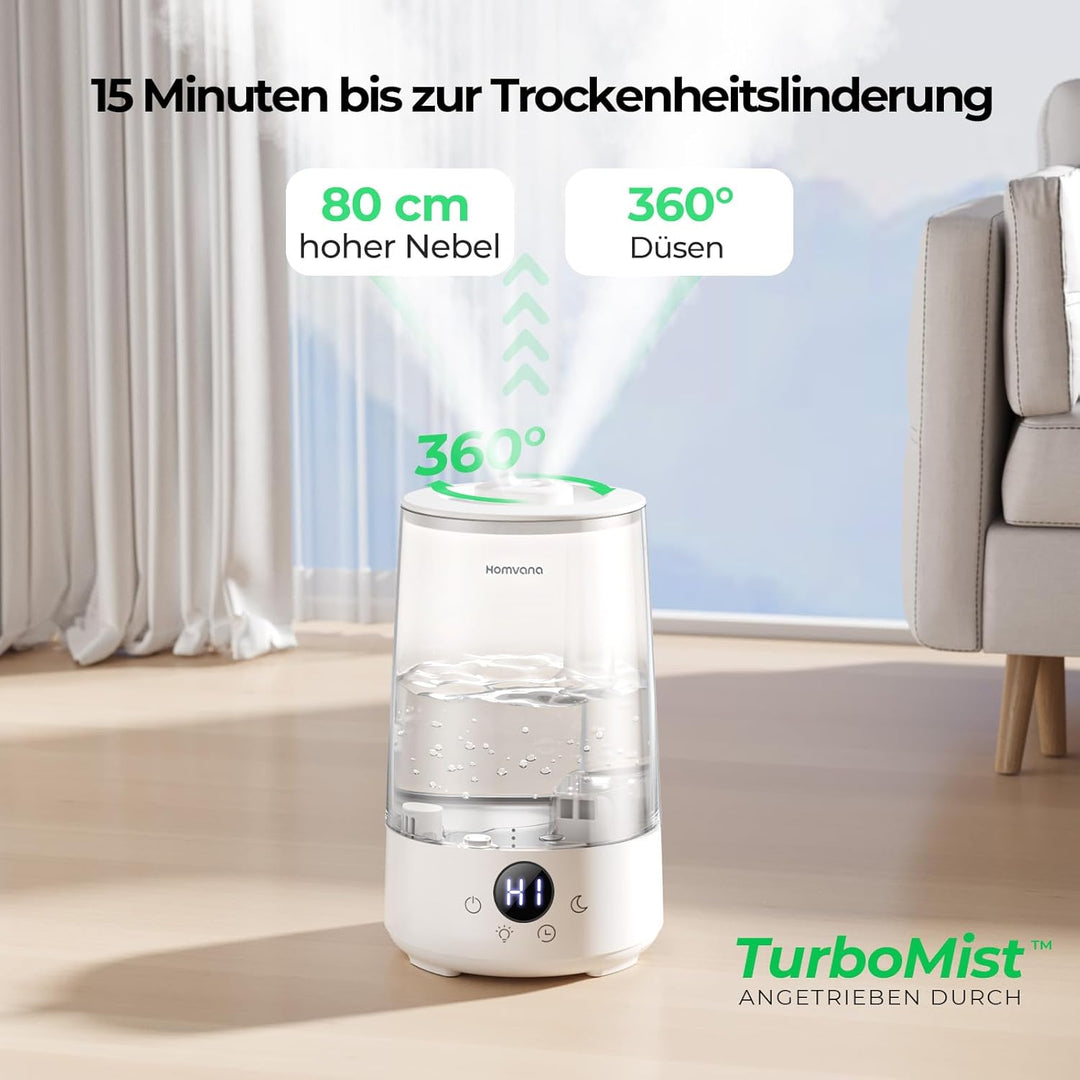 Homvana Luftbefeuchter Schlafzimmer Top-Fill, 3.6L 360°Cool Mist 34H Dauerhaft, Ruhig 16dB (SilentSp