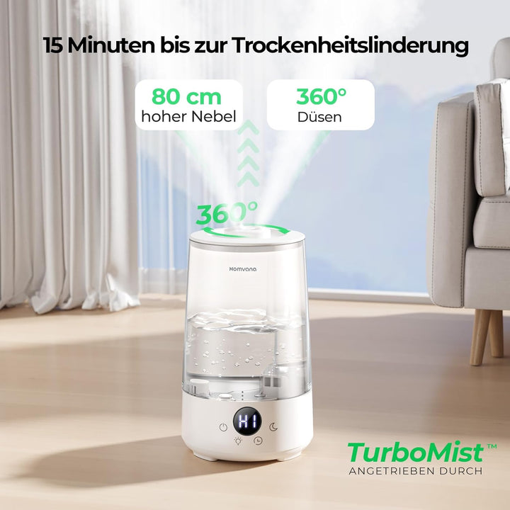 Homvana Luftbefeuchter Schlafzimmer Top-Fill, 3.6L 360°Cool Mist 34H Dauerhaft, Ruhig 16dB (SilentSp