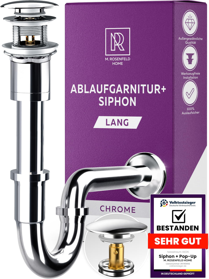 Röhrensiphon Waschbecken aus Messing + Chrom Ablaufgarnitur POP UP Ventil mit Überlauf + Strahlregle