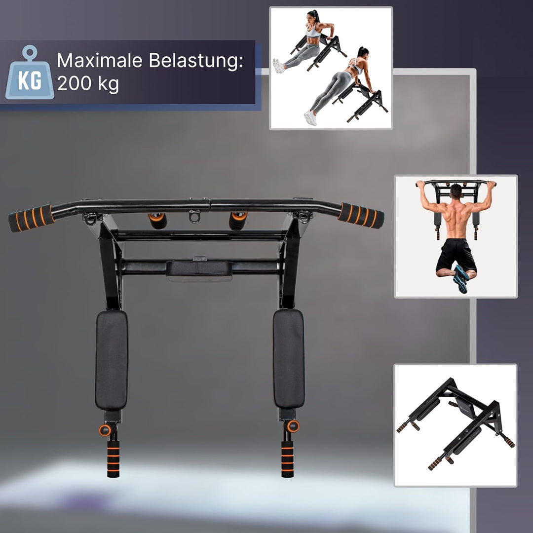 SPRINGOS Wandmontierte Klimmzugstange 3 in 1 + Dip-Stangen + Rückenlehne aus Stahl Dip Bar Pull up S