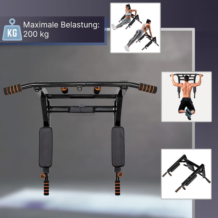 SPRINGOS Wandmontierte Klimmzugstange 3 in 1 + Dip-Stangen + Rückenlehne aus Stahl Dip Bar Pull up S
