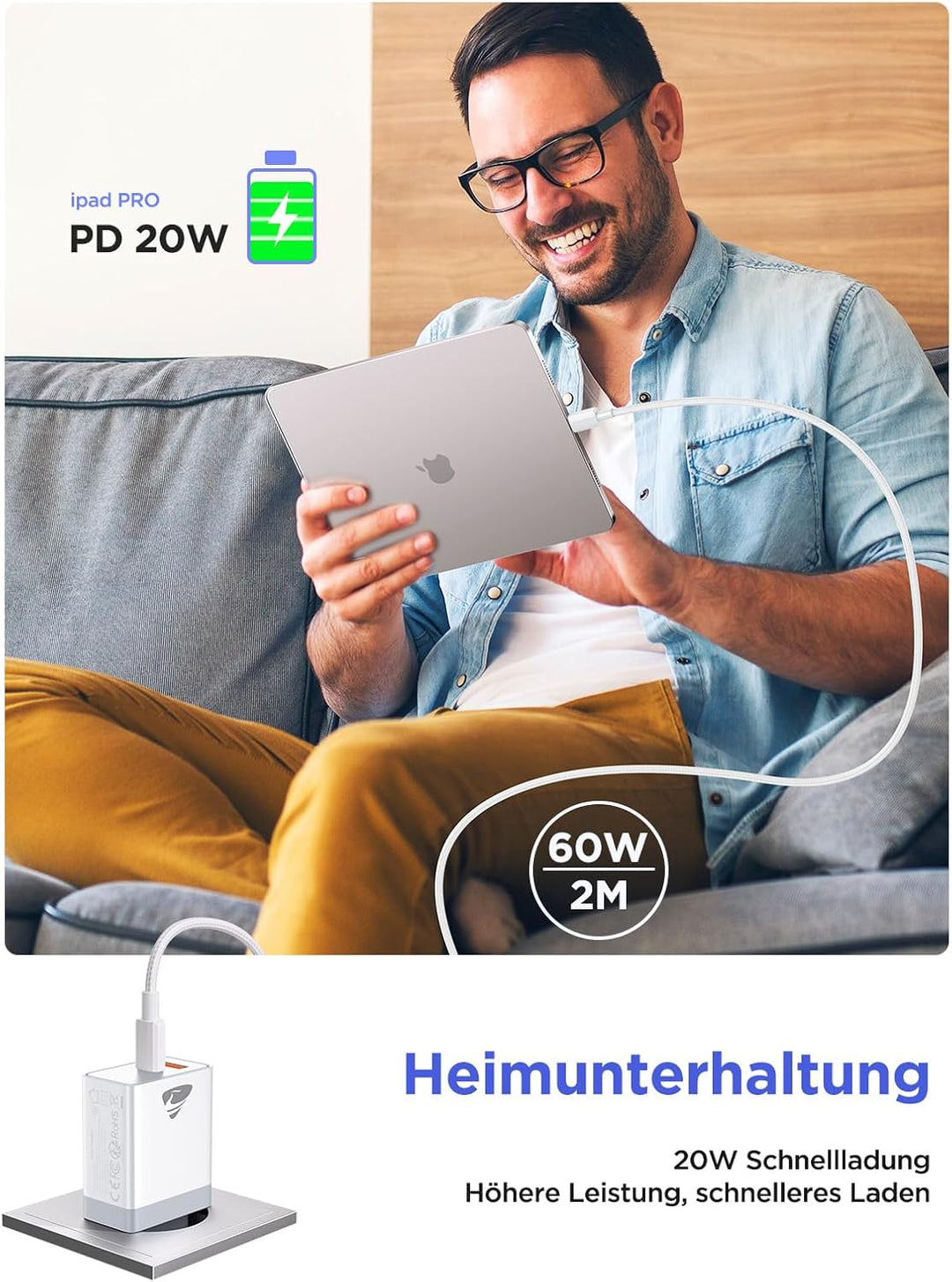 USB C Ladegerät, 2Pack USB C Netzteil Ladegerät Mehrfach mit USBC auf USBC Kabel 2M, 20W Schnelllade