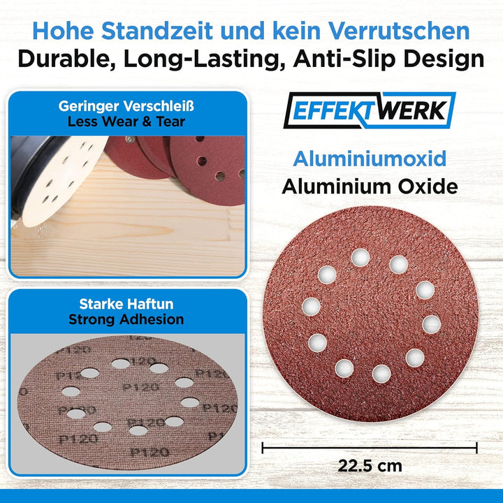 Effektwerk Schleifscheiben (60er-Pack, 10 Löcher), 225 mm Schleifpapier für Fein- und Grobschliff, v