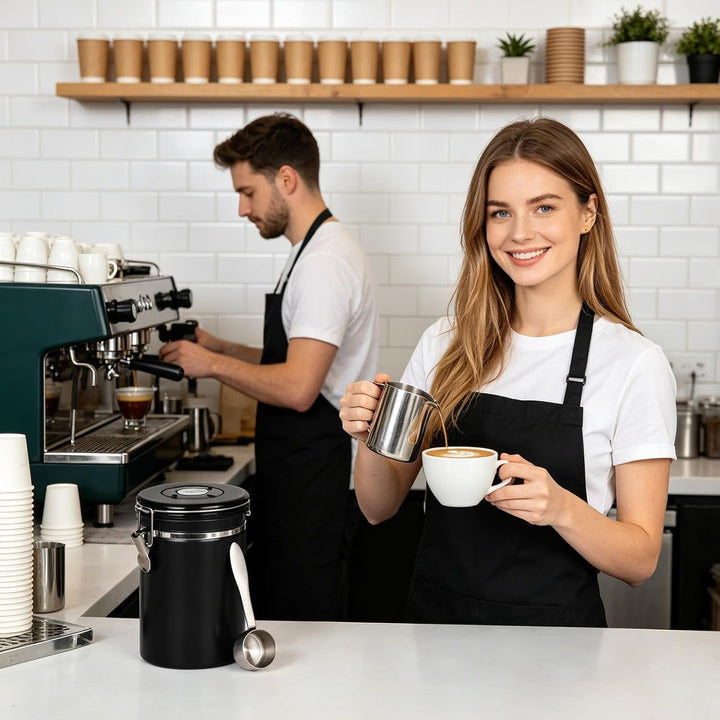 Kaffeedose Luftdicht mit Deckel, 1.8 L Kaffeebohnen Behälter aus Edelstahl mit Auslassventil, Messlö