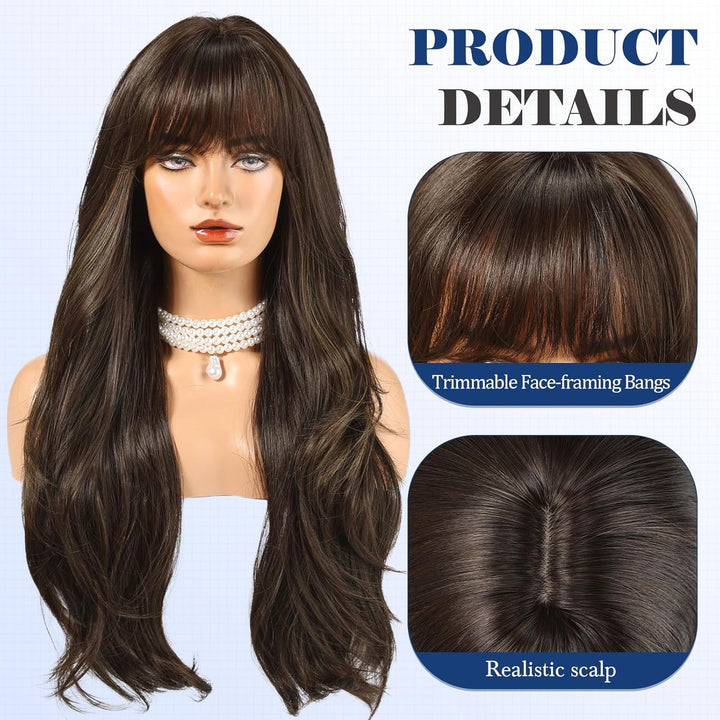 HAIRCUBE Lange braune Perücke mit Pony, geschichtete lockige Perücken für Frauen, natürliche synthet