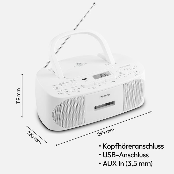 MEDION E65010 Stereoradio (CD-Player, Kassette, USB Anschluss, AUX Audioeingang, MP3-Widergabe. UKW