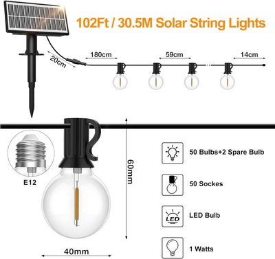 SUWIN Solar Lichterkette Aussen, 30,6M Lichterkette Glühbirnen Aussen 50+2 LEDS G40 Birnen, Wasserdi