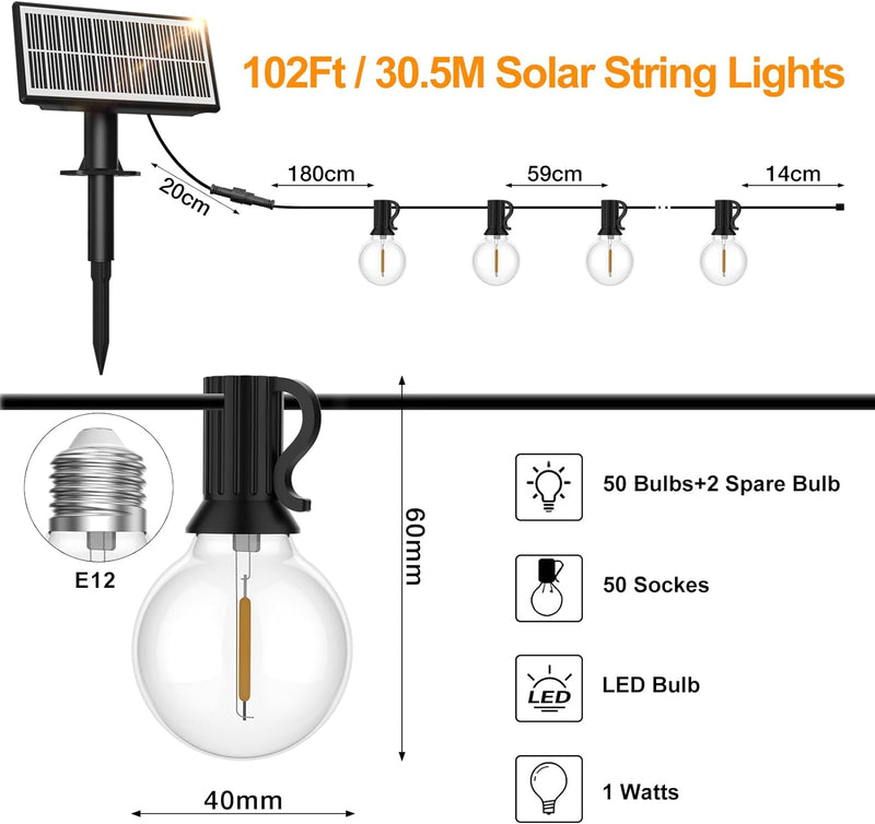 SUWIN Solar Lichterkette Aussen, 30,6M Lichterkette Glühbirnen Aussen 50+2 LEDS G40 Birnen, Wasserdi