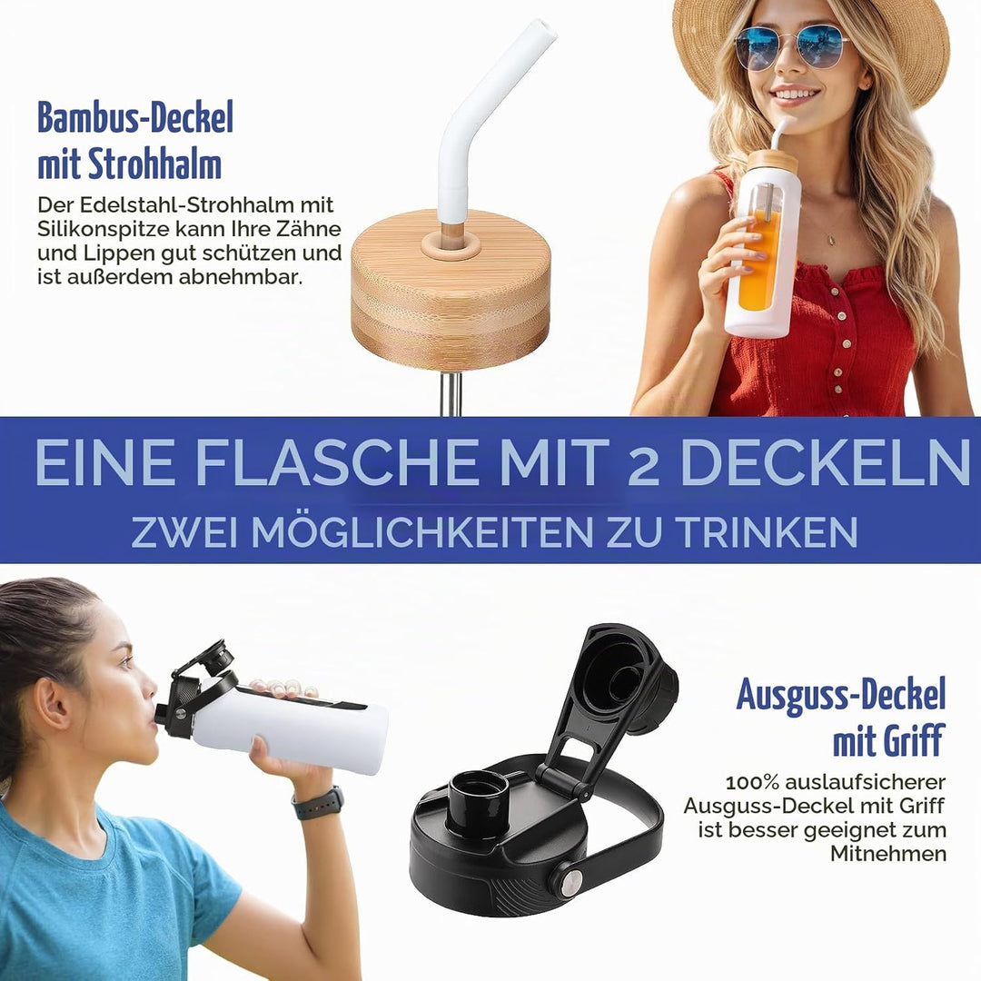 BLUEGO 600ml Glaswasserflasche mit Strohhalm und 2 Deckeln Kaffeetasse aus Glas mit Zeitmarkierung u