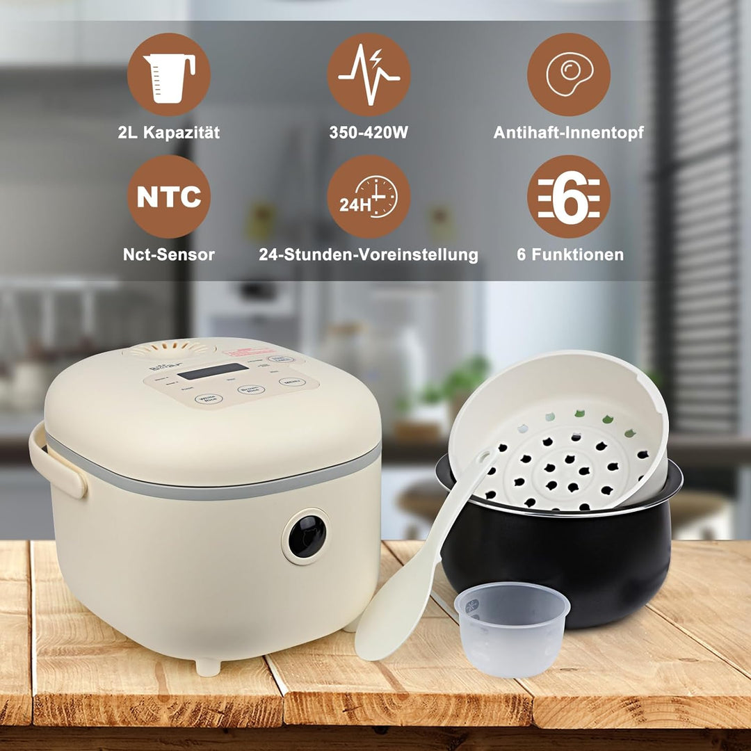 Bear Reiskocher 2L mit Dampfgarer, 6 Reiskochfunktionen mit braunem Reis, Dampf, Brei, Suppe, Vorein