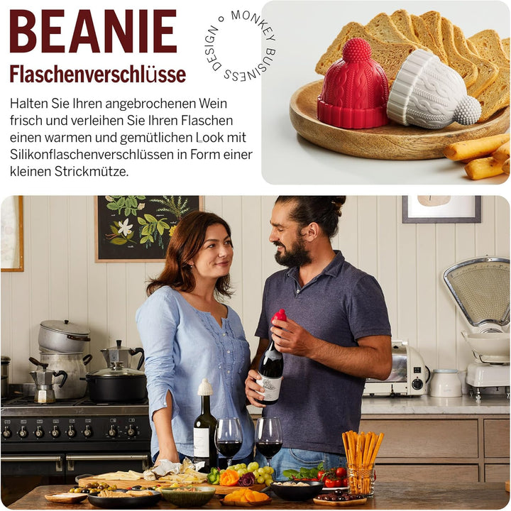 Monkey Business Set aus 2 Weinstopfen für Weinflaschen, Skurriles Weinzubehör, Strickmützen-förmige