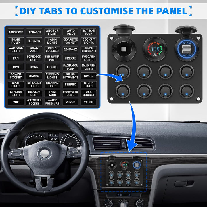 Geloo 8 Gang wasserdichte Wippschalter-Panel, blaue LED-Lichter, Dual 5 V USB-Ladebuchse, für Autos,