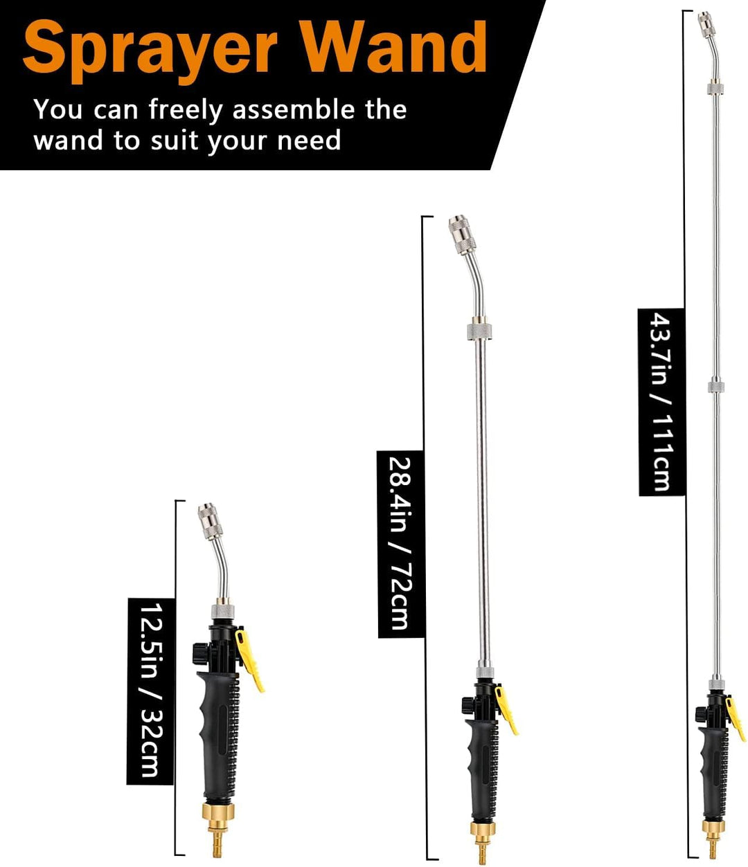 111 cm langer Sprühstab, 2 Messinganschlüsse passend zu 3/8''- und 1/4''-Schläuchen, verstellbarer E