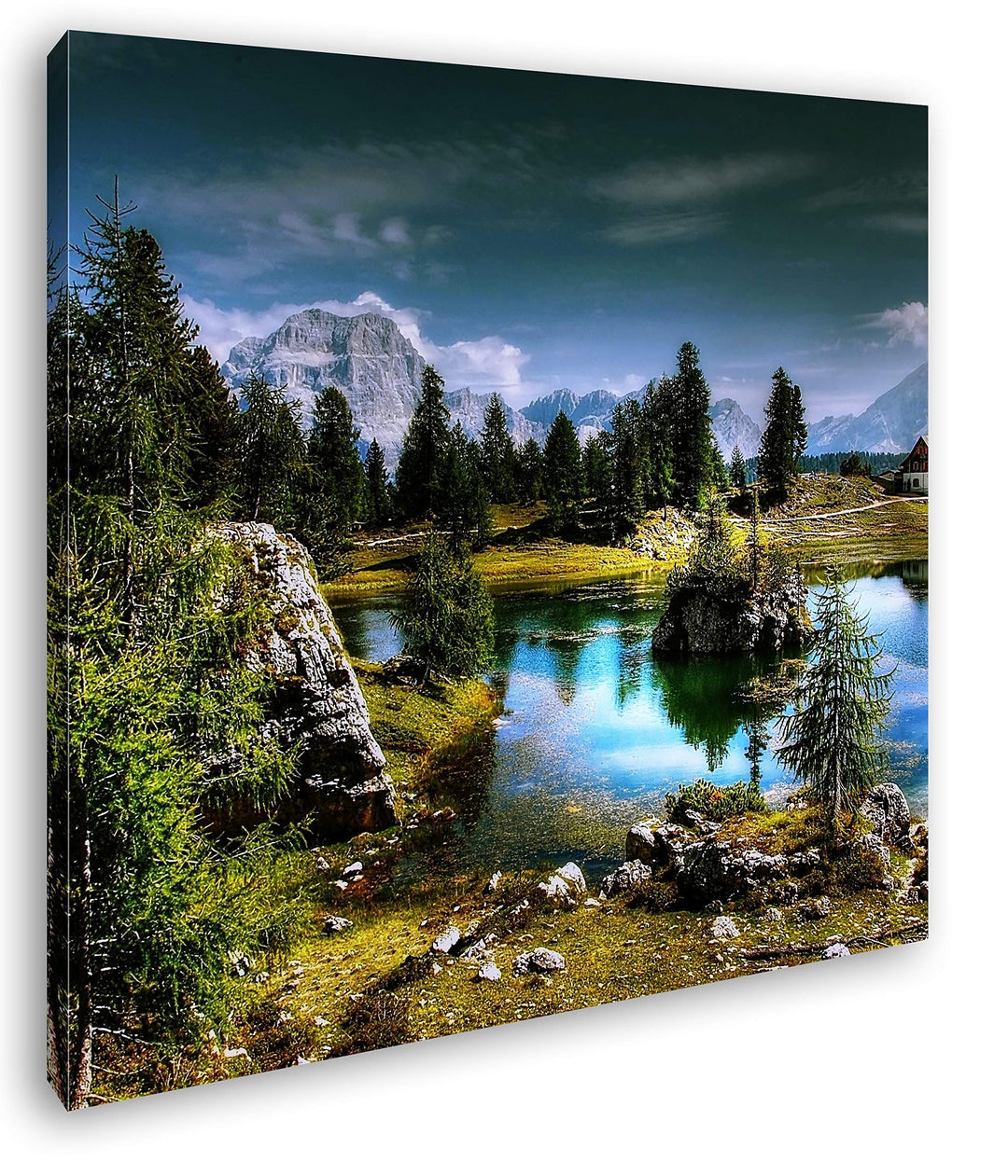 deyoli Holzhütte am klarem See Format: 70x70 als Leinwandbild, Motiv fertig gerahmt auf Echtholzrahm