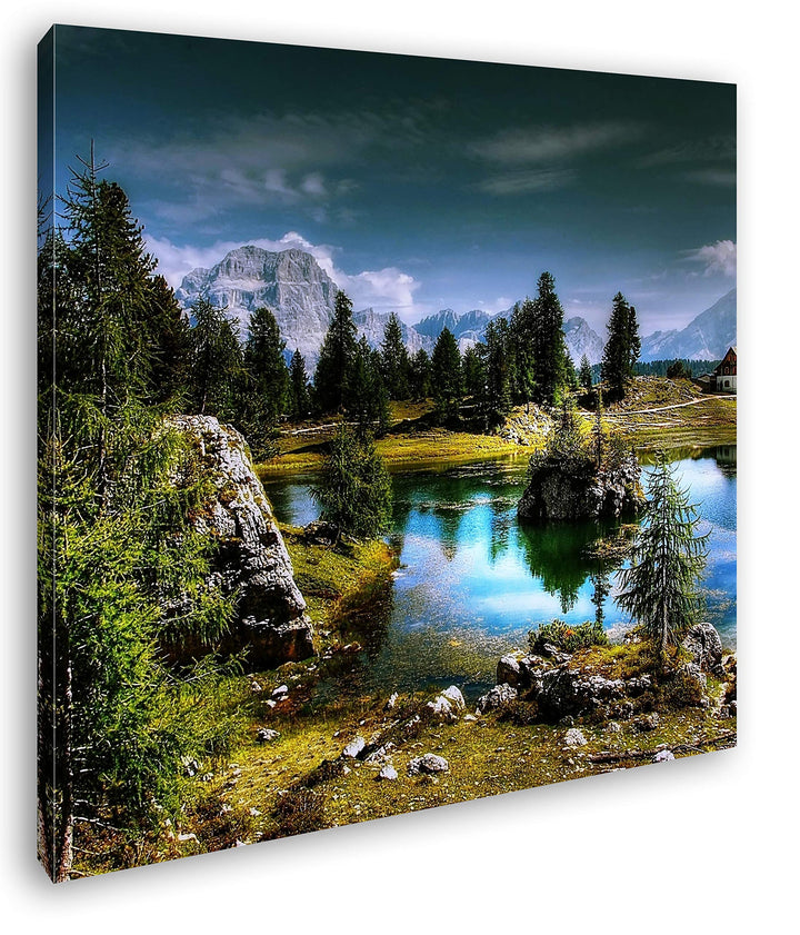 deyoli Holzhütte am klarem See Format: 70x70 als Leinwandbild, Motiv fertig gerahmt auf Echtholzrahm